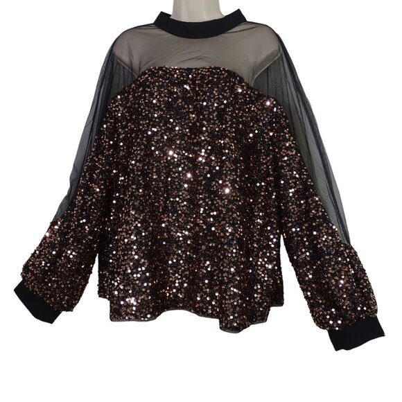 Shein Curve Black Sequin Sheer Mesh Blouse Long Sleeve 3XL US 18 Keyhole Back - Picture 1 of 11